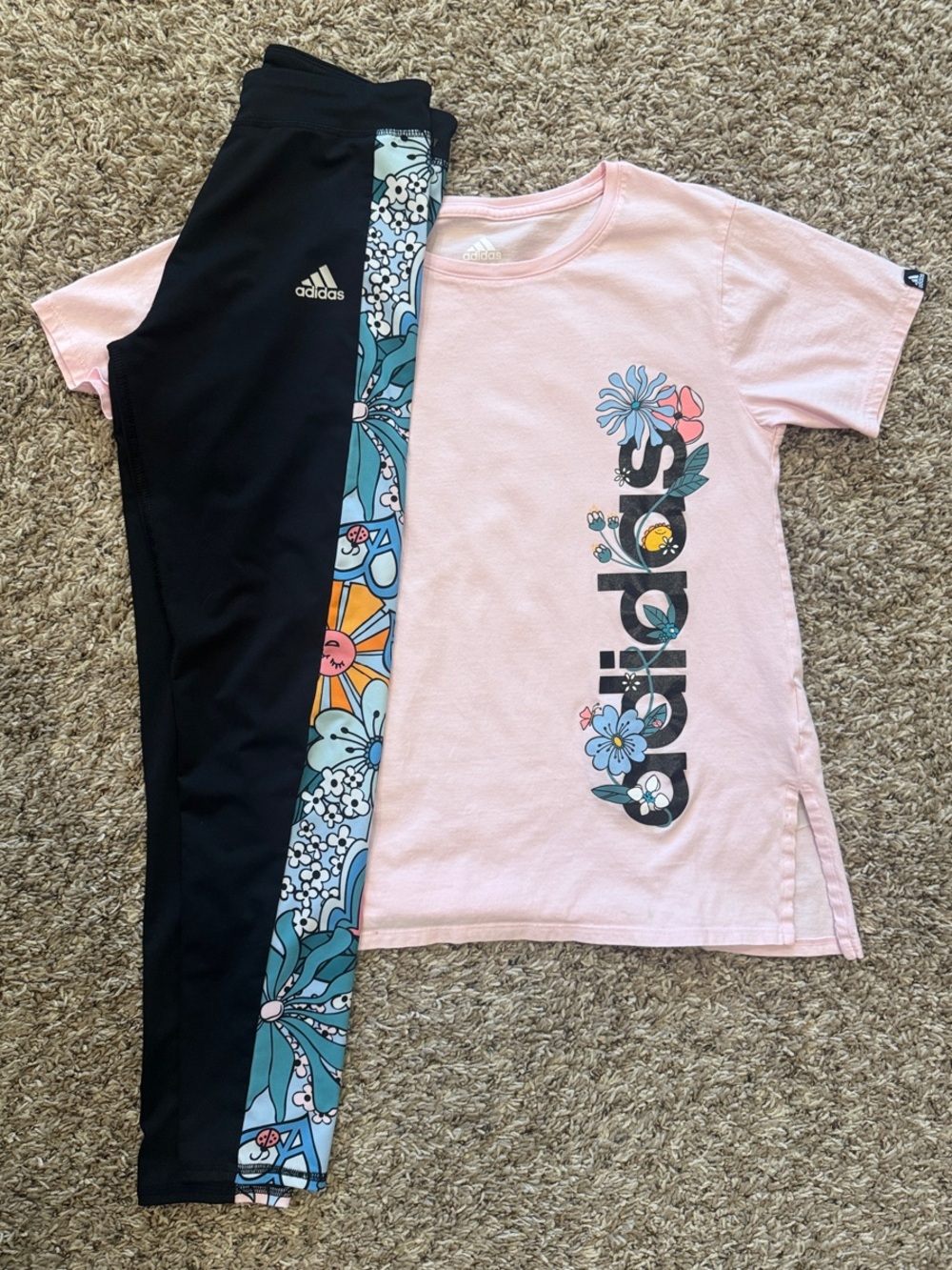 adidas Pink Floral Logo Tee with Black Leggings and Floral Side Panel